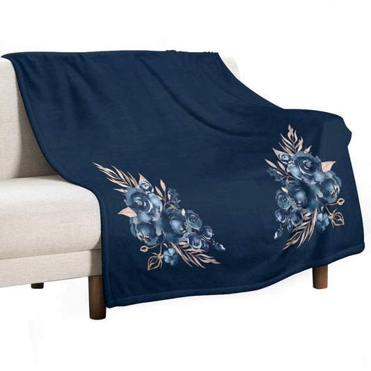 Navy Blue Floral, Watercolor Rose, Aesthetic Throw Blanket