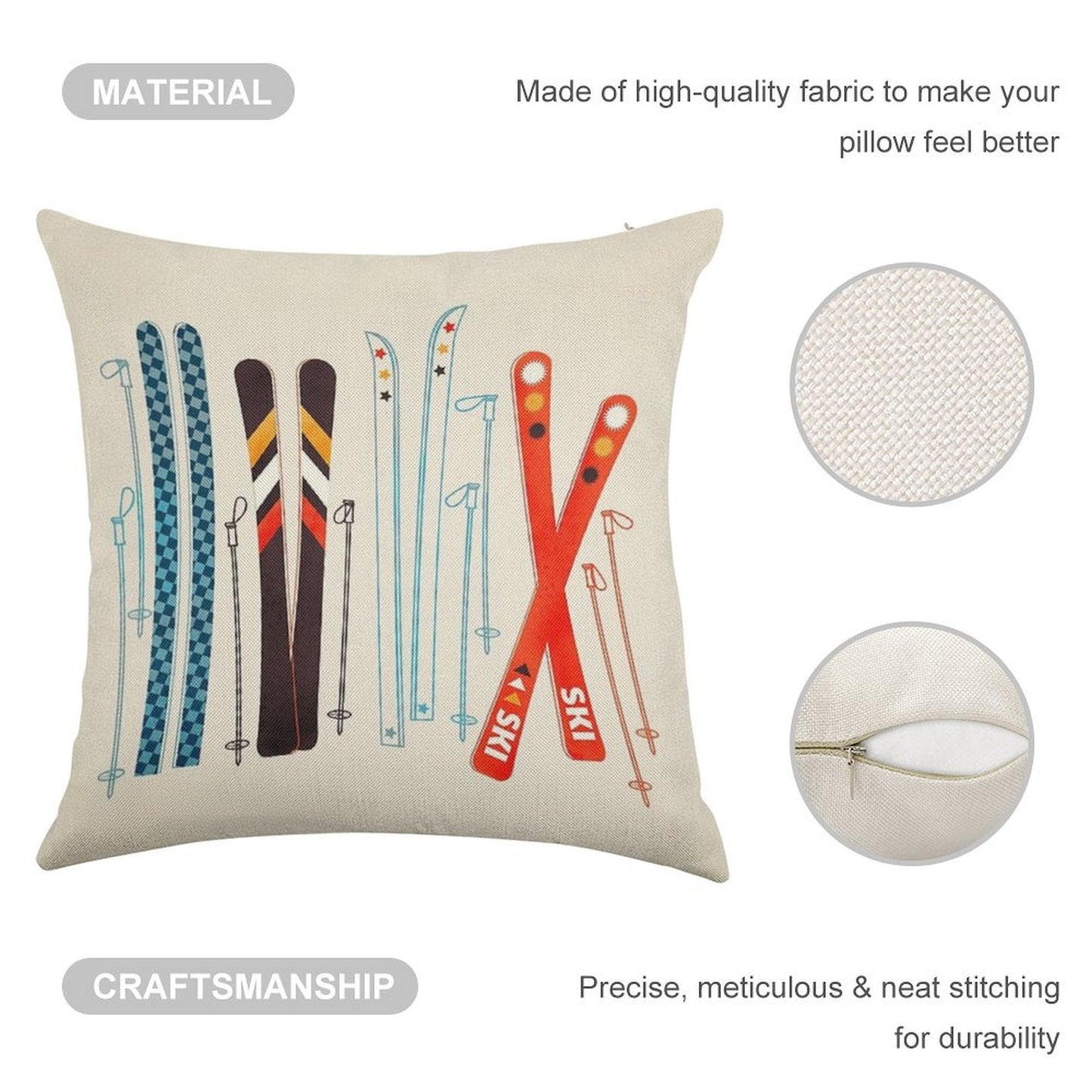 Colorful Retro Ski Illustration Linen Throw Pillow Cover