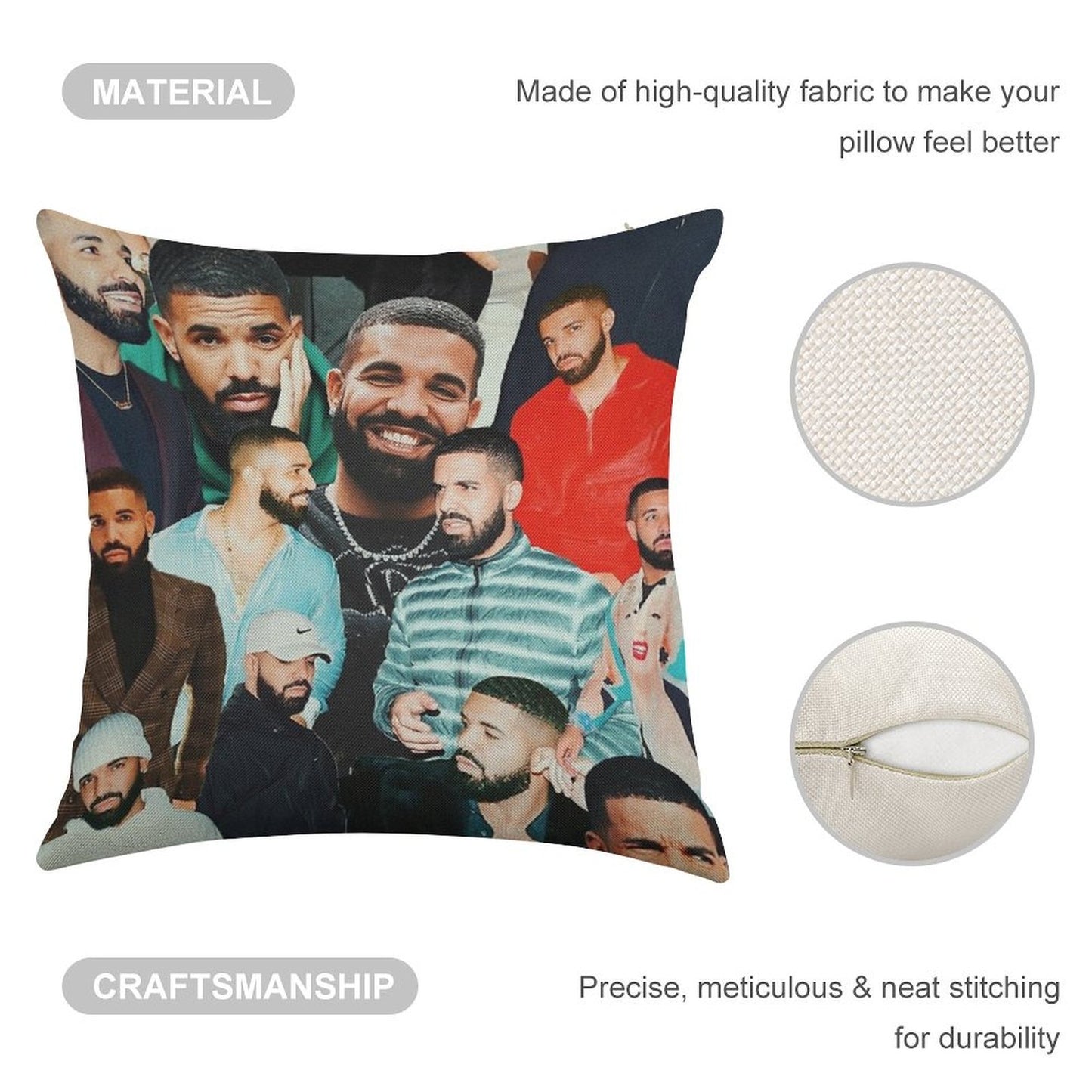 Drake Collage Linen Throw Pillow Cover