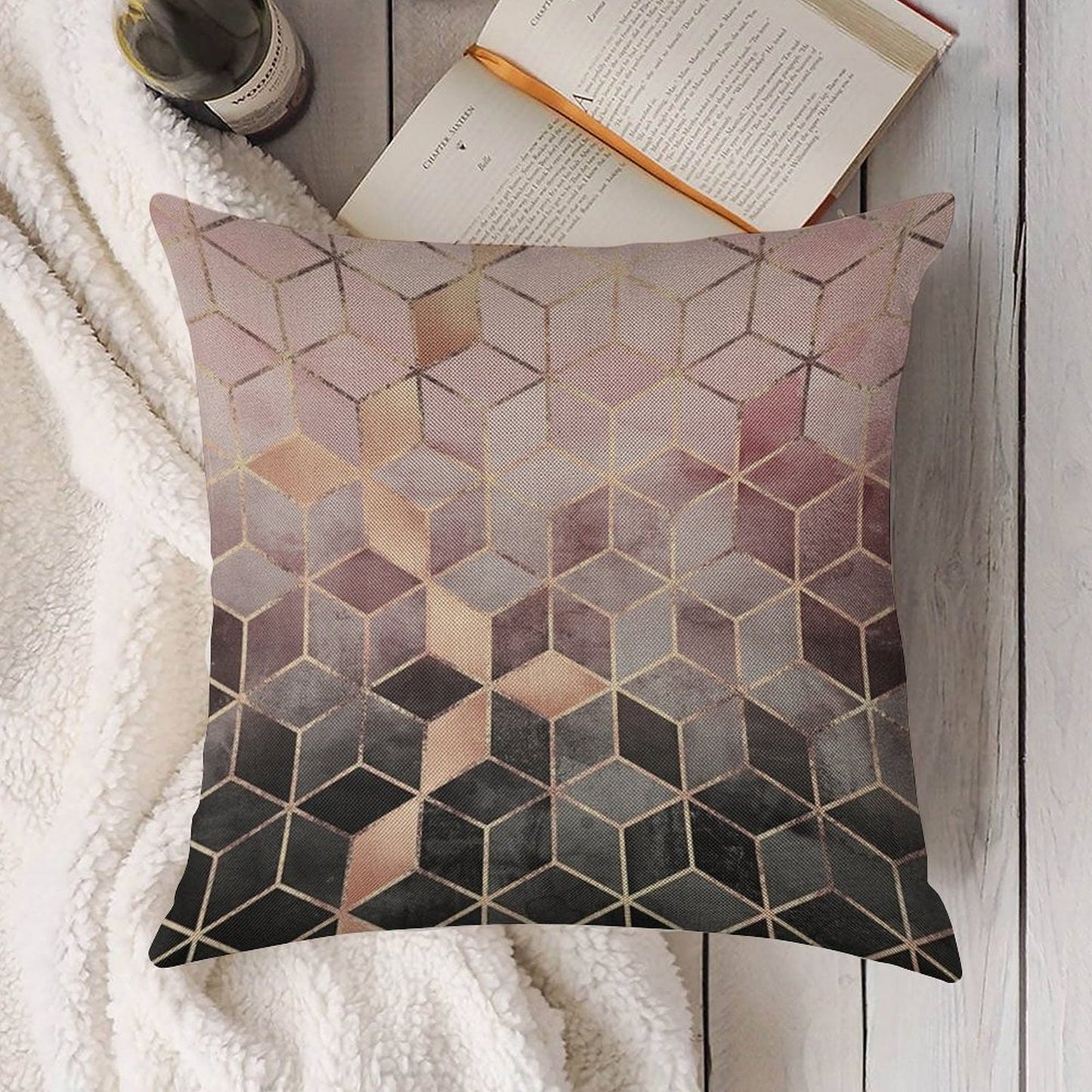 Pink And Grey Gradient Cubes Linen Throw Pillow Cover