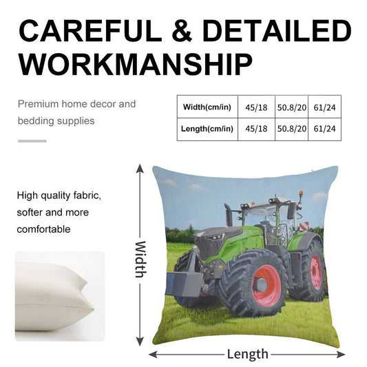 Green Tractor in Field Linen Throw Pillow Cover
