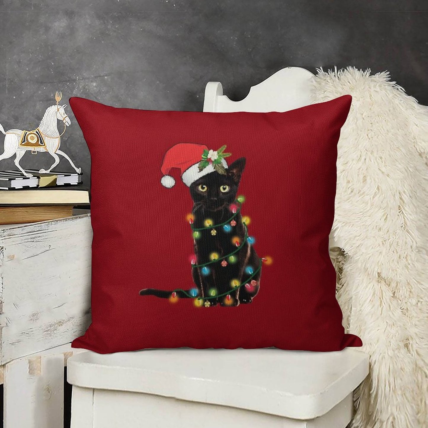 Santa Black Cat Tangled Up In Christmas Tree Lights Holiday Linen Throw Pillow Cover