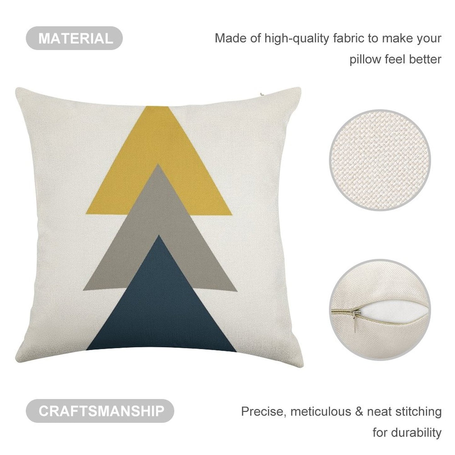 Triangle Trio. Minimalist Geometric in Light Mustard Yellow, White, Grey, And Navy Blue Linen Throw Pillow Cover