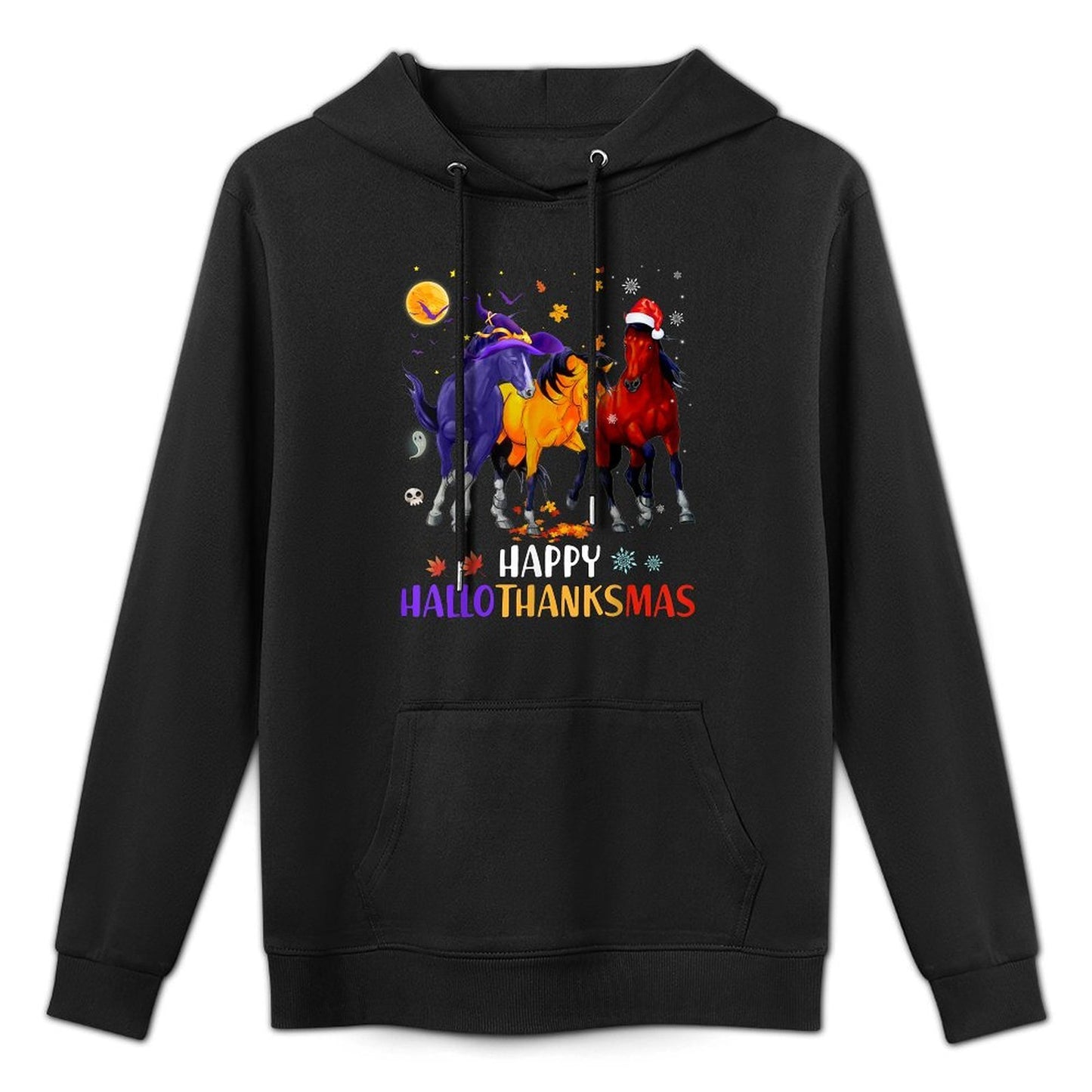 Happy Hallothanksmas Horse Halloween Thanksgiving Christmas Shape Retention Hoodie