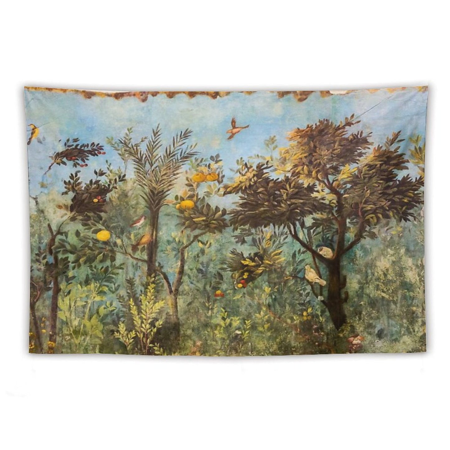 ANTIQUE ROMAN WALL PAINTING Flower Garden Flying Birds ,Quince And Apple Trees Tapestry