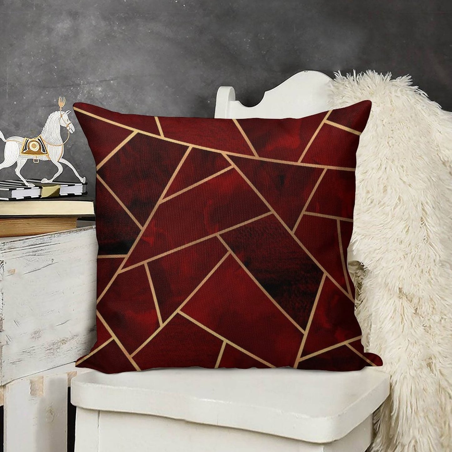 Red & Gold Geo Linen Throw Pillow Cover