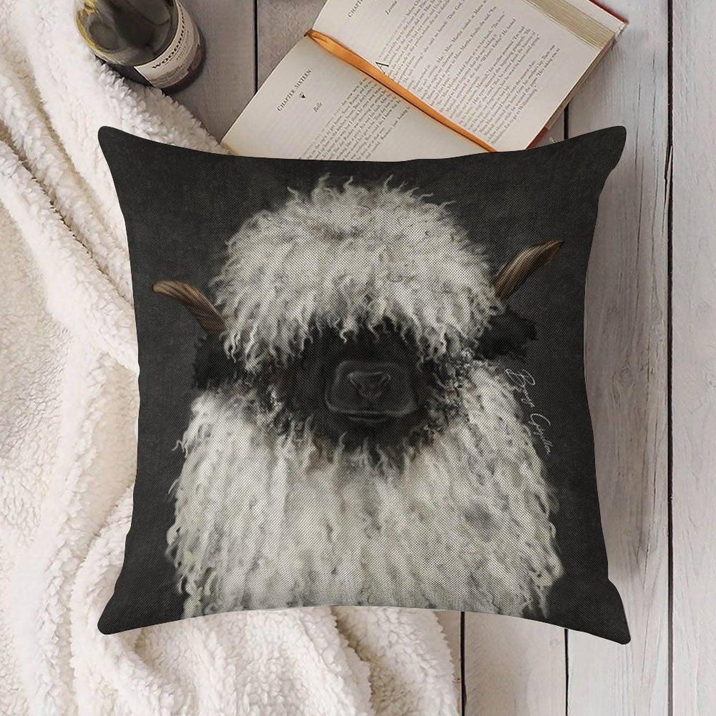 Bo Sheep. Valais Blacknose Sheep. Linen Throw Pillow Cover