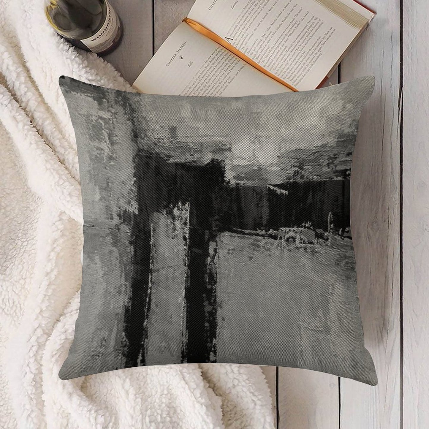Gray Black Abstract Linen Throw Pillow Cover
