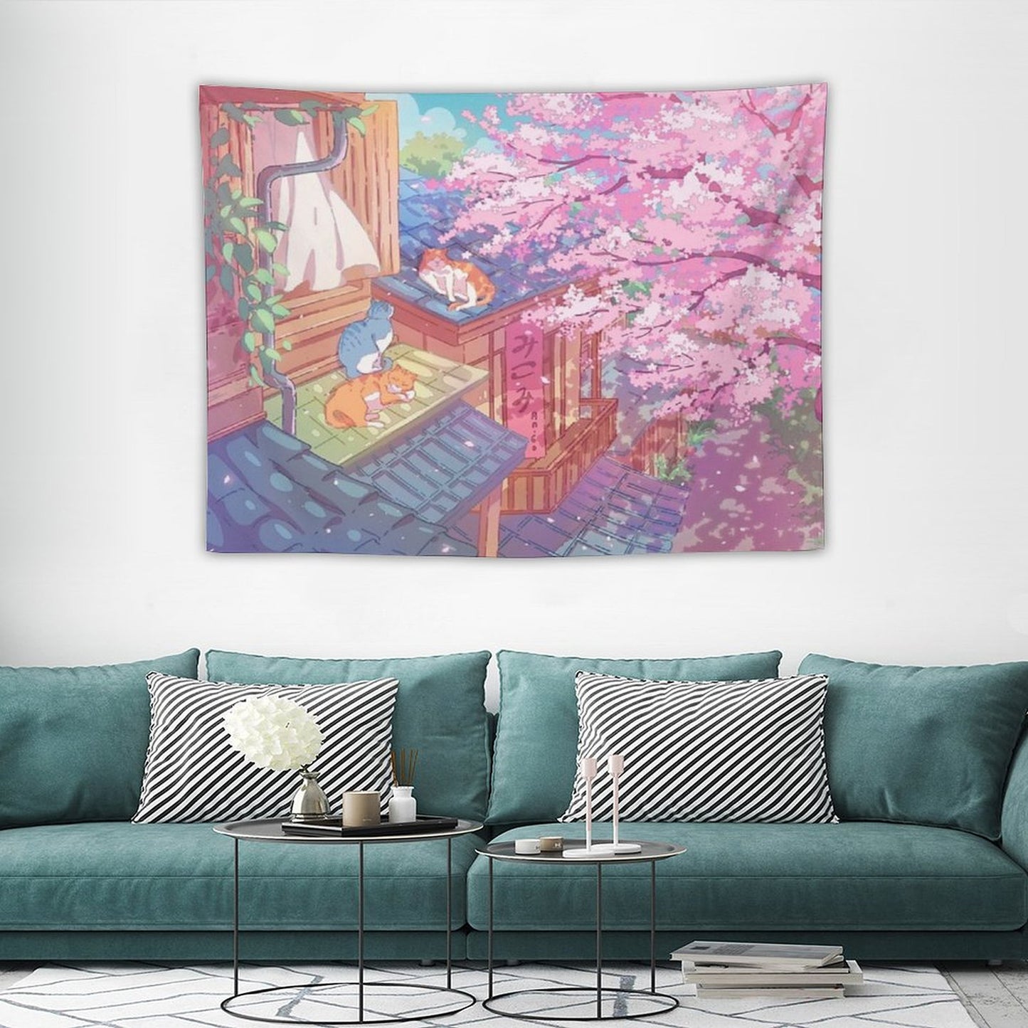 The Cute Cats, Rooftops, And Pink Cherry Blossom Tapestry