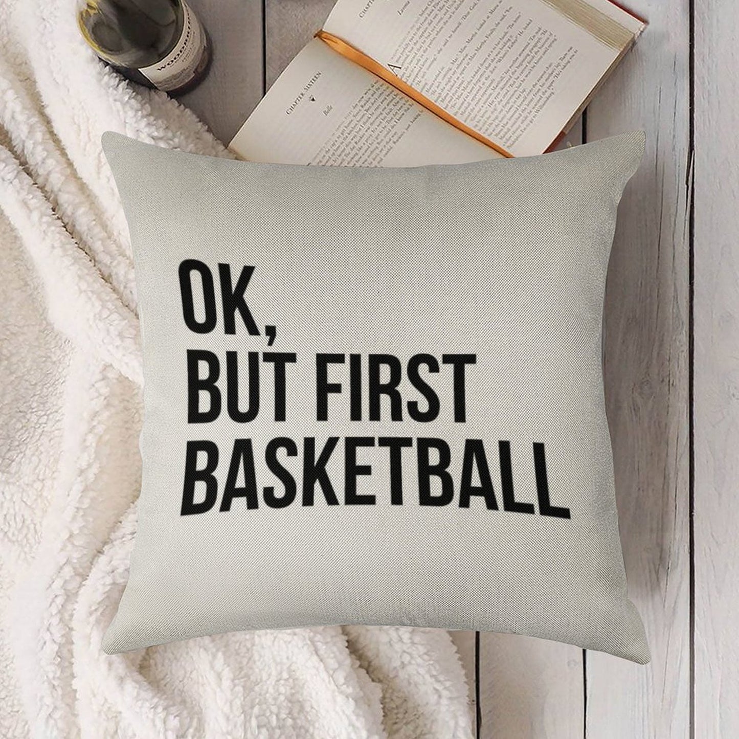 BUT FIRST BASKETBALL Linen Throw Pillow Cover