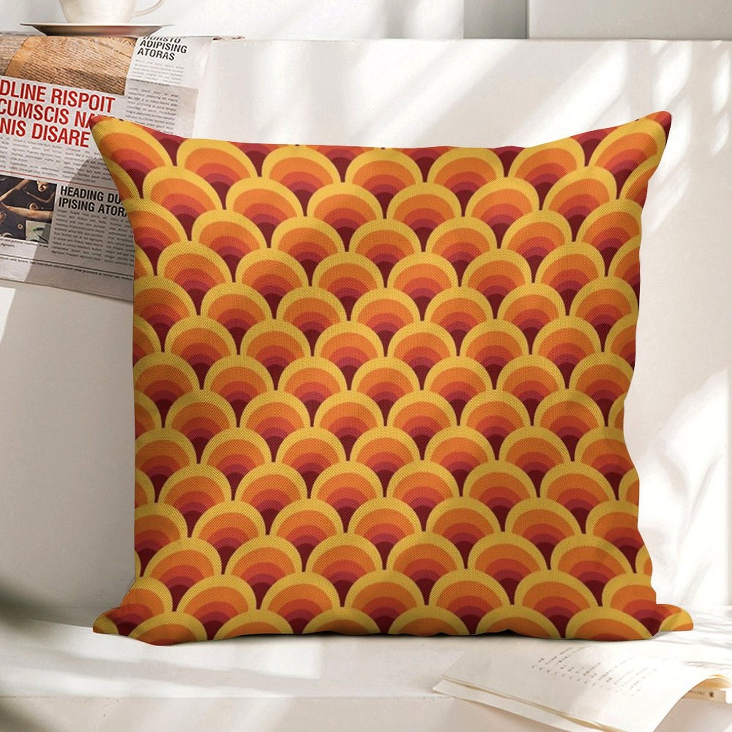 Orange Wave Gradient Retro Pattern Linen Throw Pillow Cover