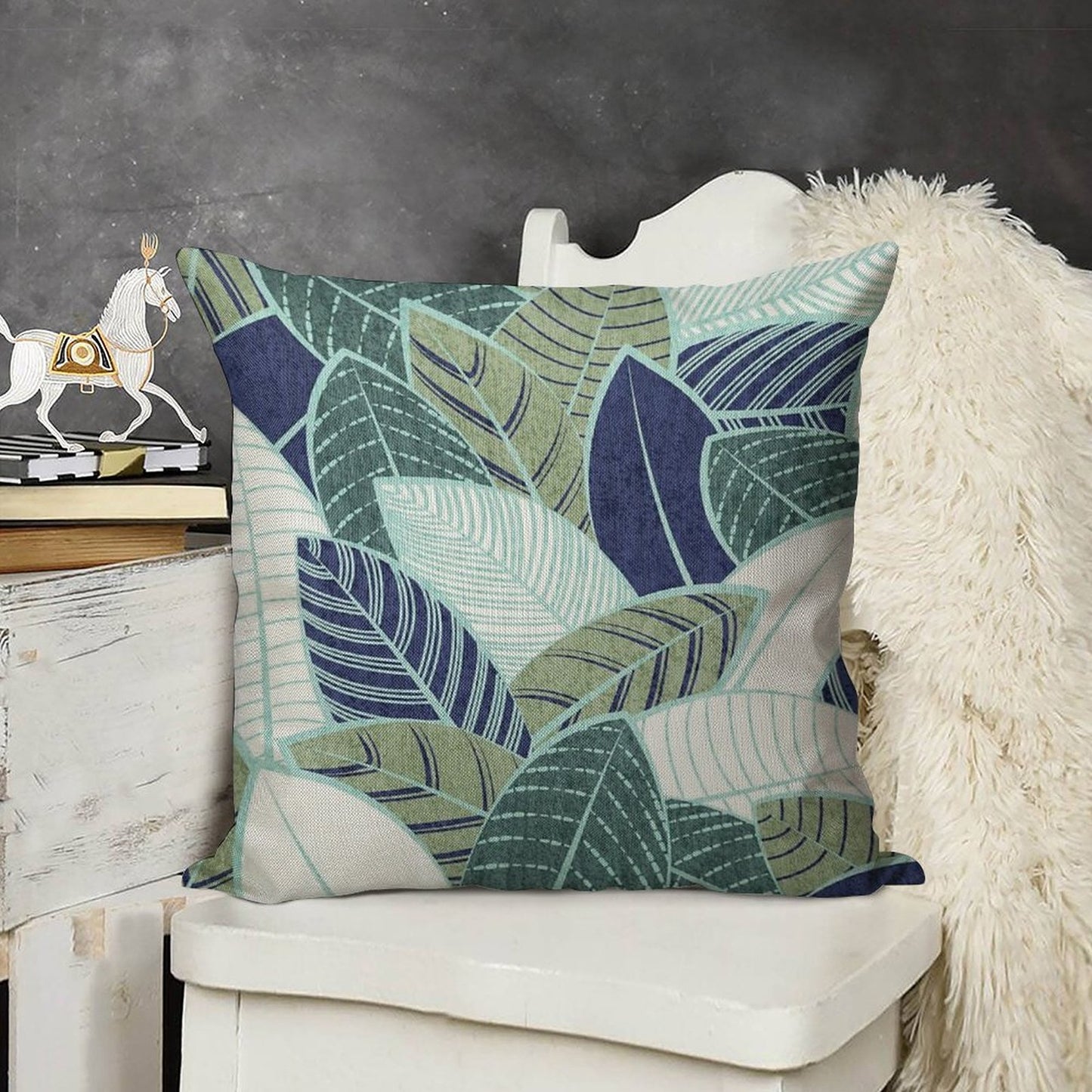Leaf Wall Navy Blue Pine And Sage Green Leaves Mint Lines Linen Throw Pillow Cover