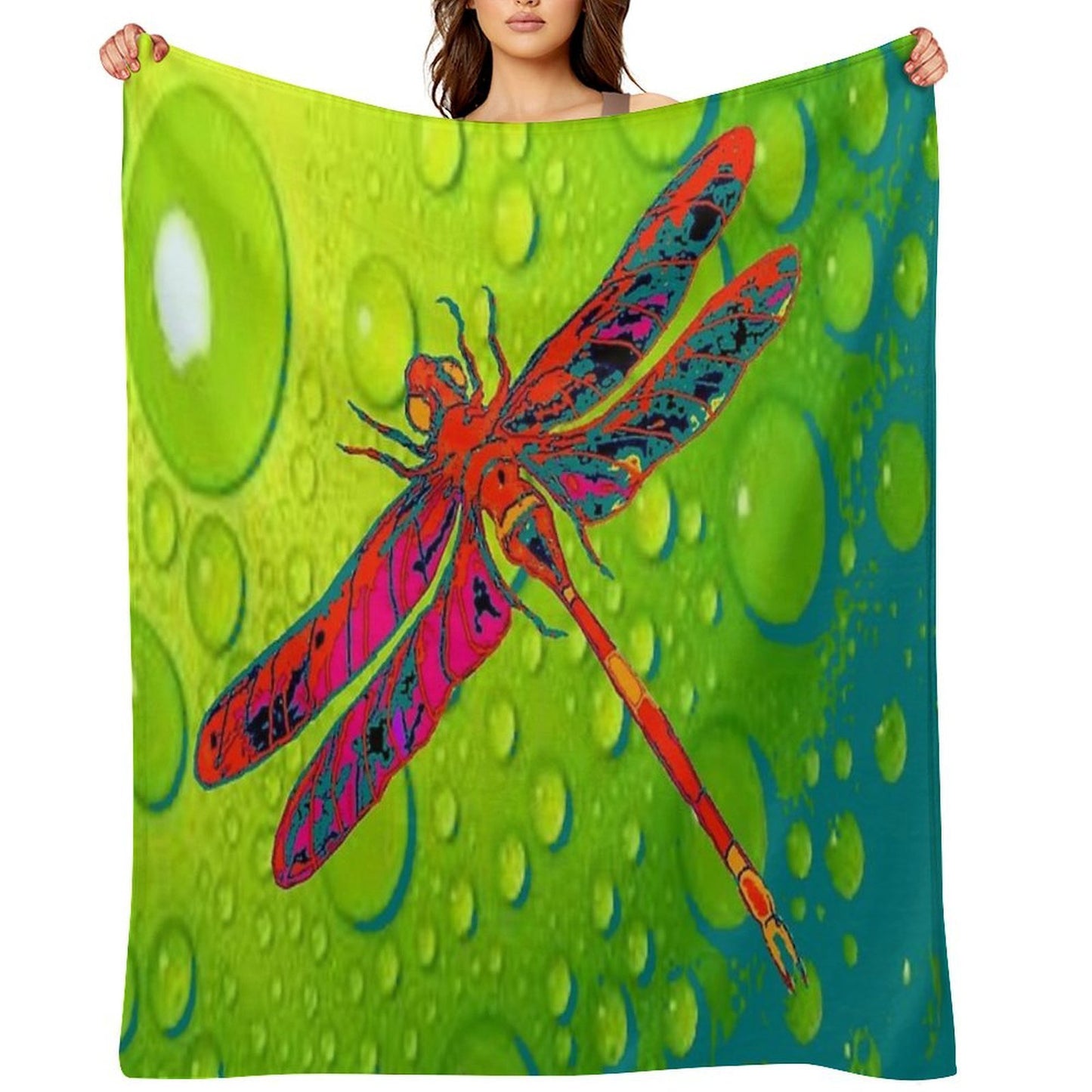 RED DRAGONFLY GREEN DEW PATTERN ART Throw Blanket