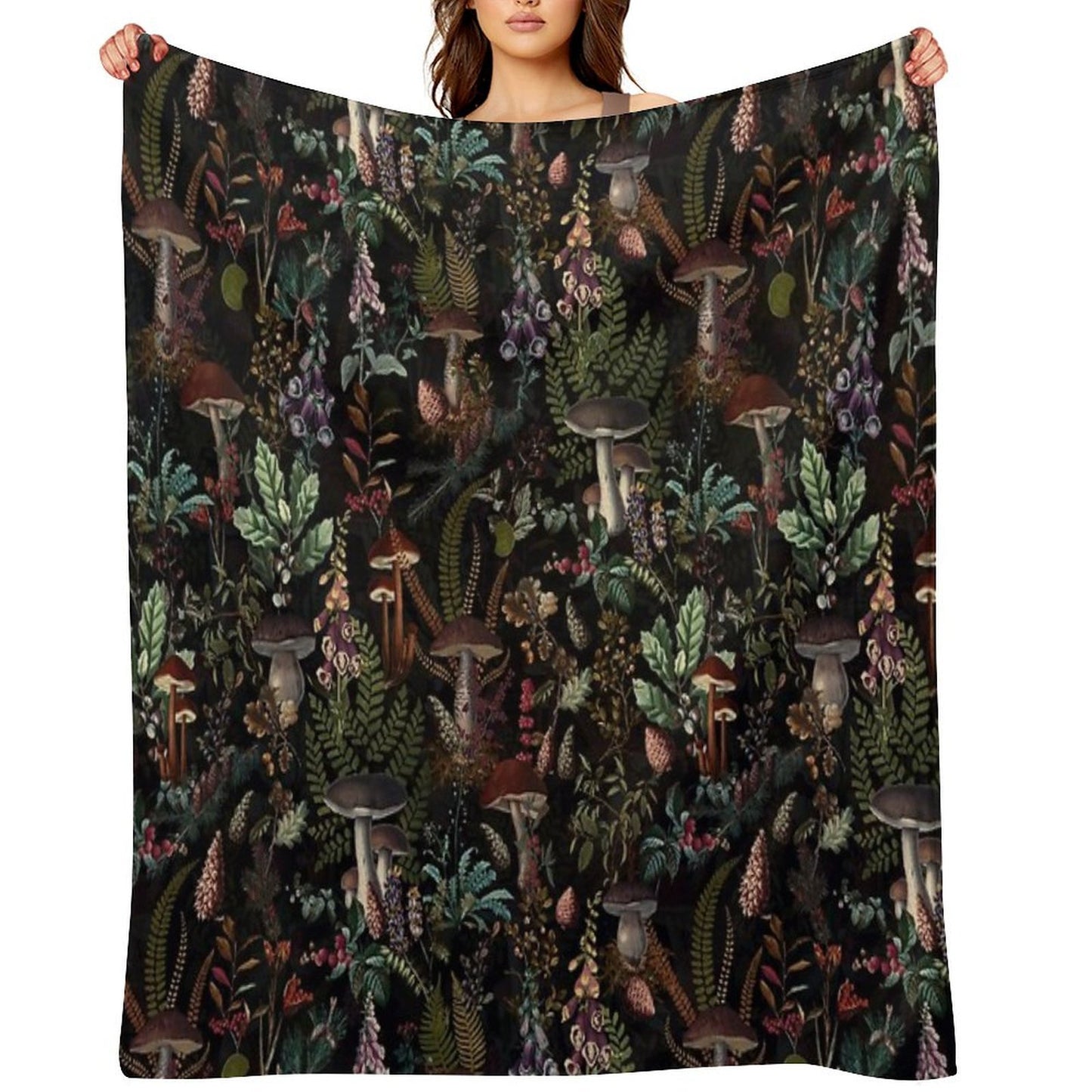 Vintage Mysterious Mushrooms Forest Botanical Botanical Night Garden Pattern NightGarden Throw Blanket