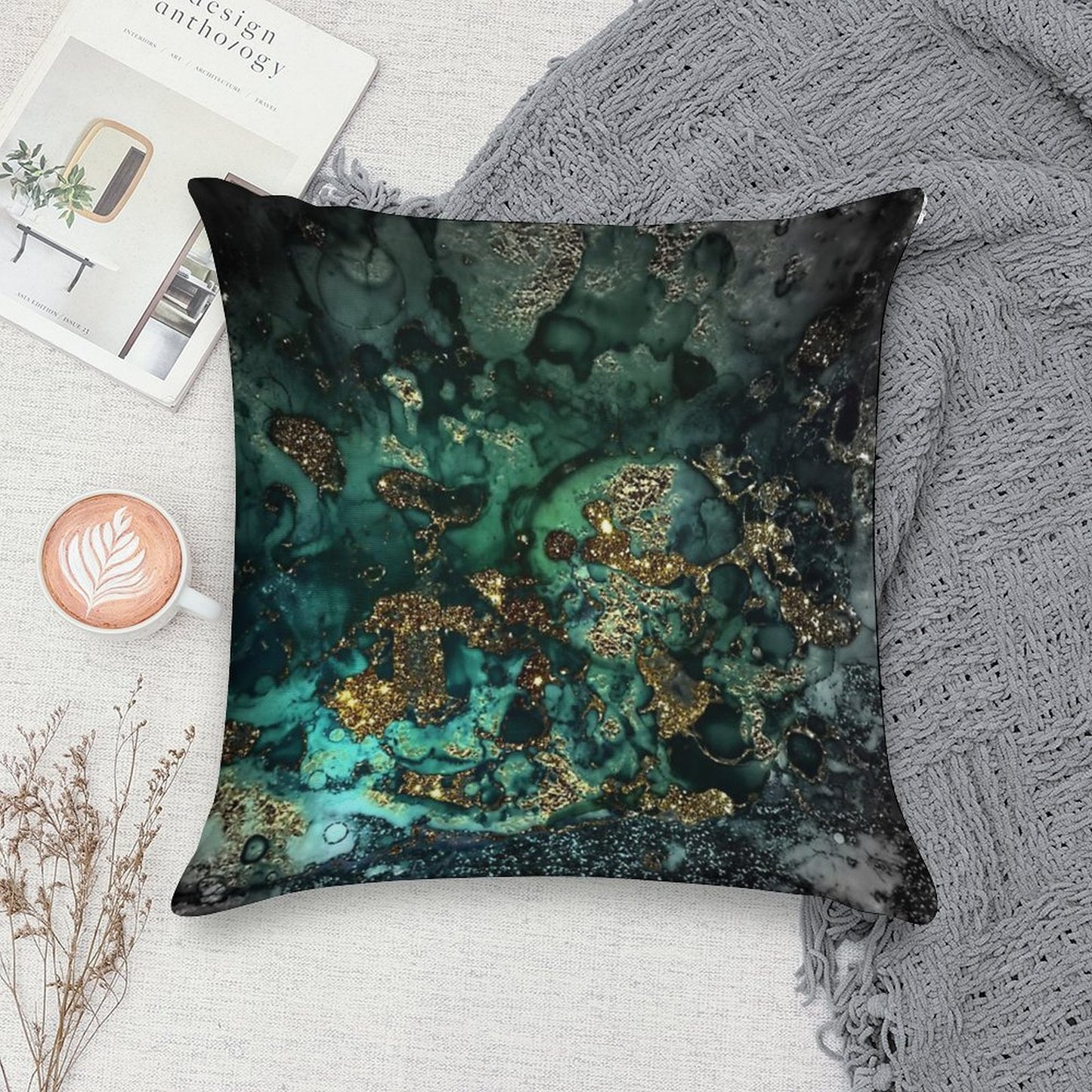 Gold Indigo Faux Malachite Marble Soft Decorative Cover Throw Pillow