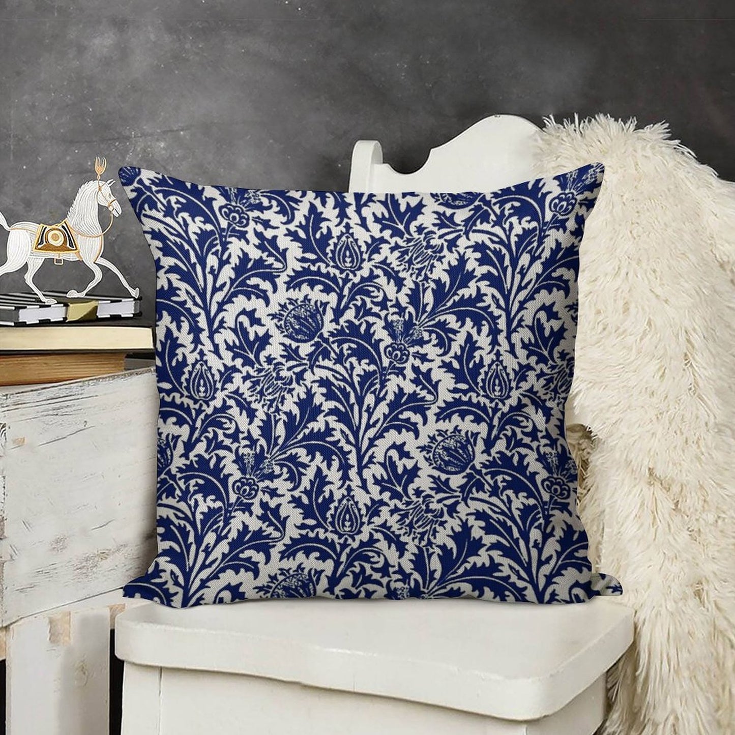William Morris Thistle Damask, Navy Blue And White Linen Throw Pillow Cover