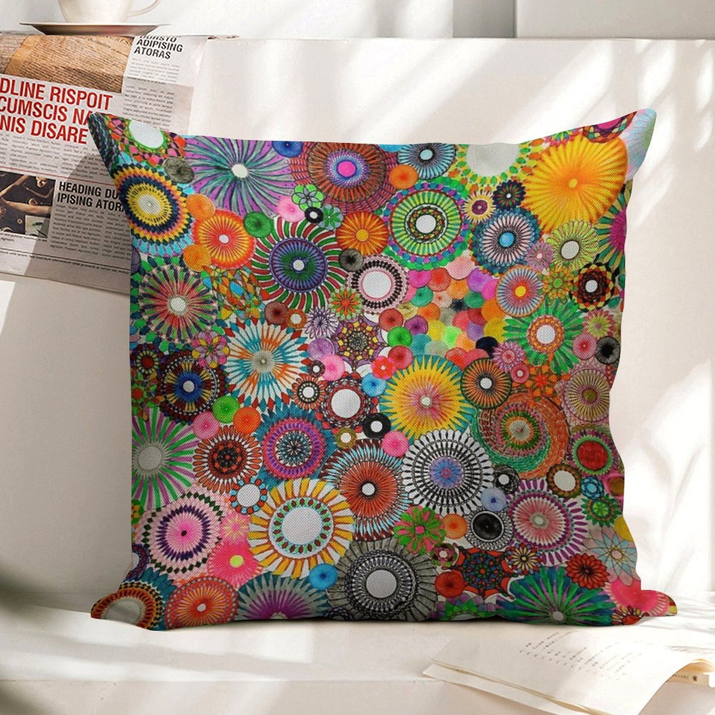 Childhood Dreams, A Colourful Spirograph Drawing! Linen Throw Pillow Cover