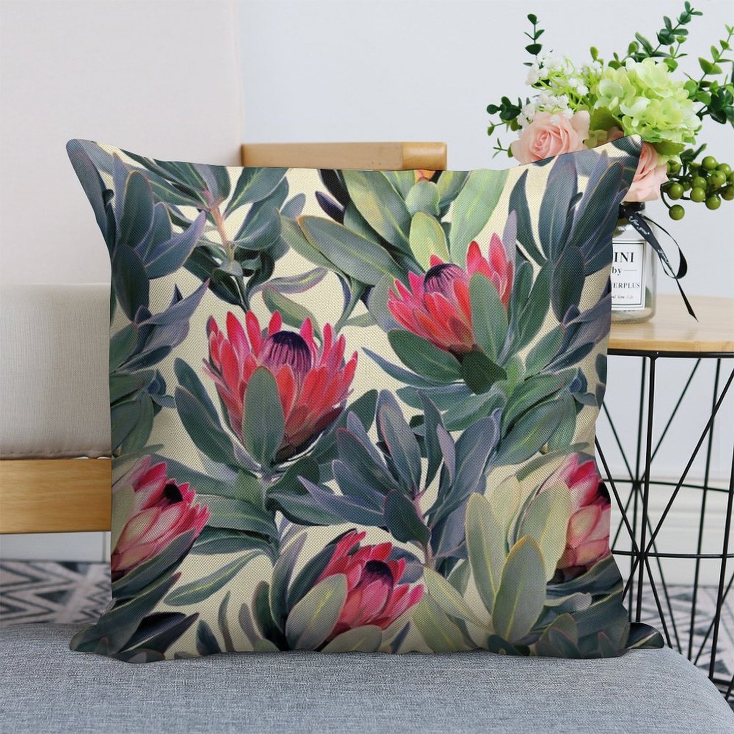 Painted Protea Pattern Linen Throw Pillow Cover