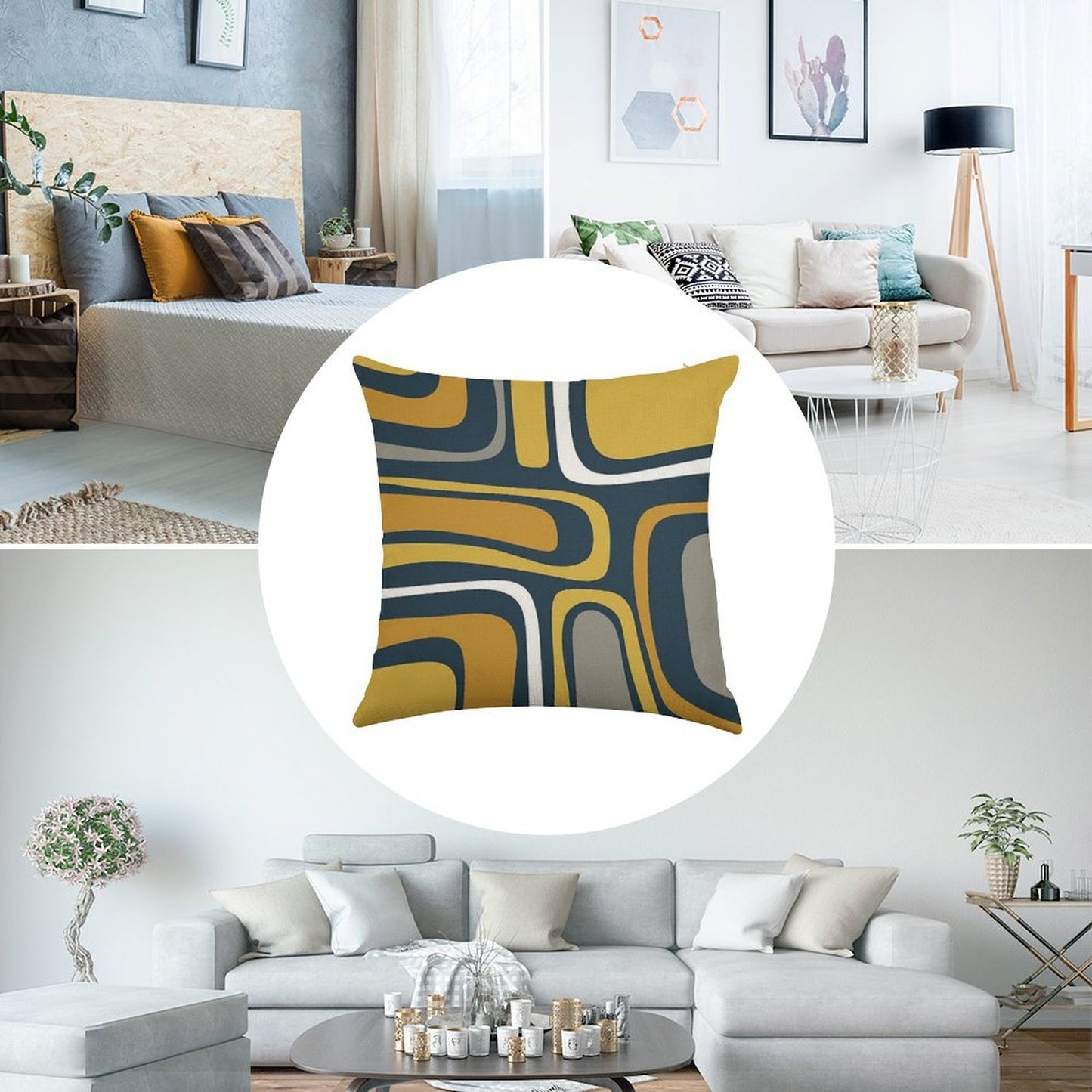 Palm Springs Mid-Century Modern Abstract Pattern in Light And Dark Mustard, Gray, And White on Navy Blue Linen Throw Pillow Cover