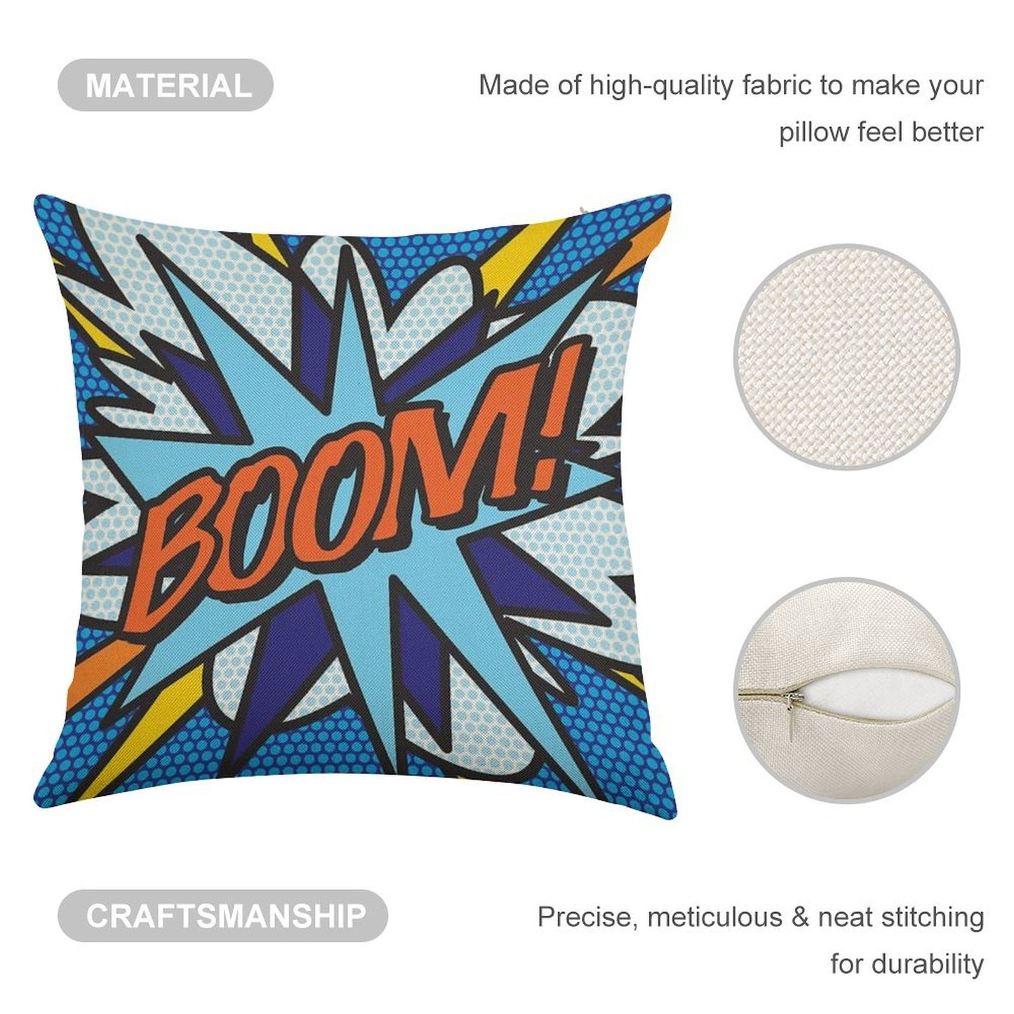 BOOM Comic Book Pop Art Modern Fun Retro Linen Throw Pillow Cover