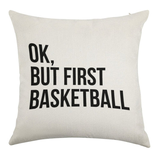 BUT FIRST BASKETBALL Linen Throw Pillow Cover