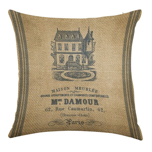 Vintage Burlap French House Design Linen Throw Pillow Cover