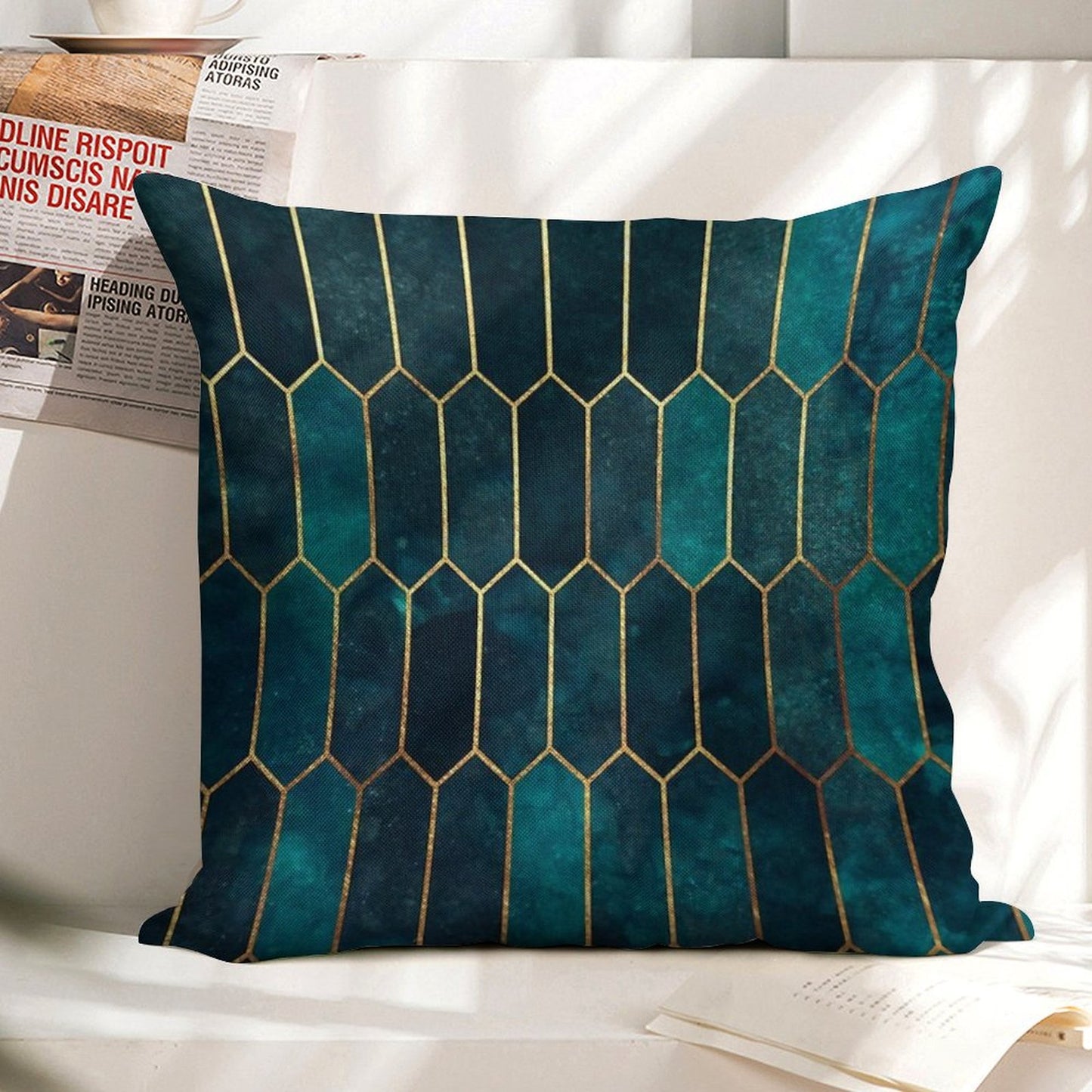 Deep Teal And Blue Gold  Pattern Linen Throw Pillow Cover