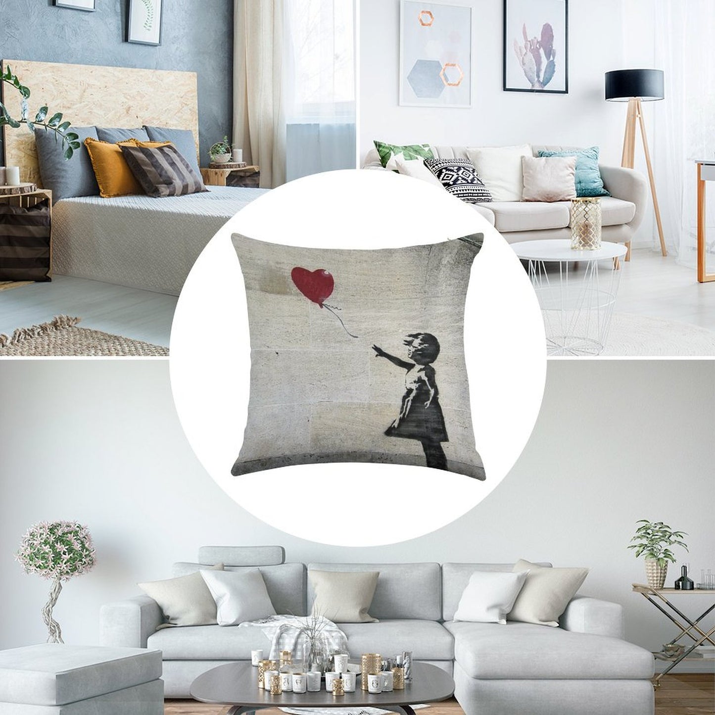 Banksy's Girl with A Red Balloon Linen Throw Pillow Cover