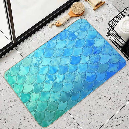 Turquoise Green And BLue Watercolor Mermaid Scales Bath Mat