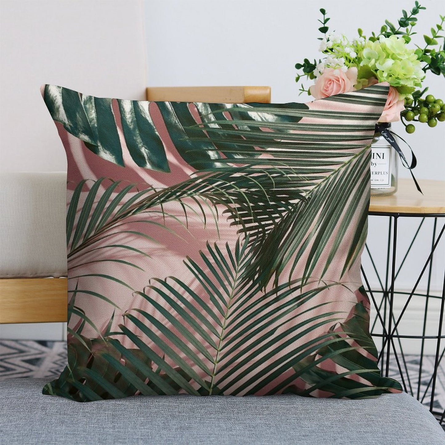 Pink Tropical Leaves Linen Throw Pillow Cover