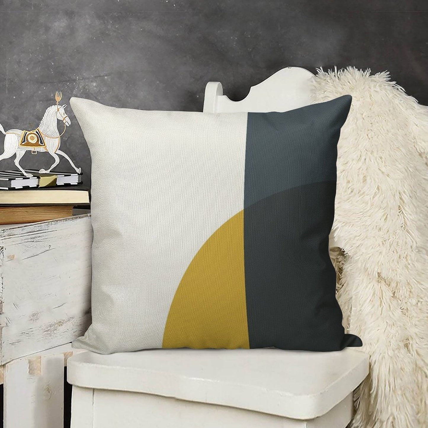 Abstract Geometric Minimalist 2 Navy Blue, Light Mustard Yellow, And White Linen Throw Pillow Cover