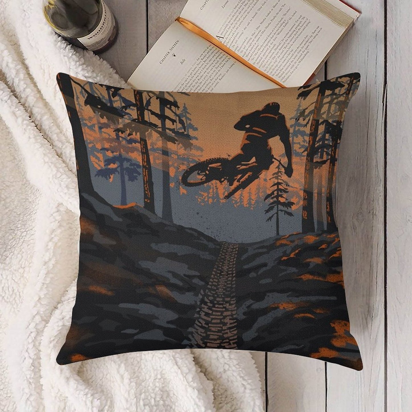 Retro Styled Mountain Biking Dirt Jumper Sunset Linen Throw Pillow Cover