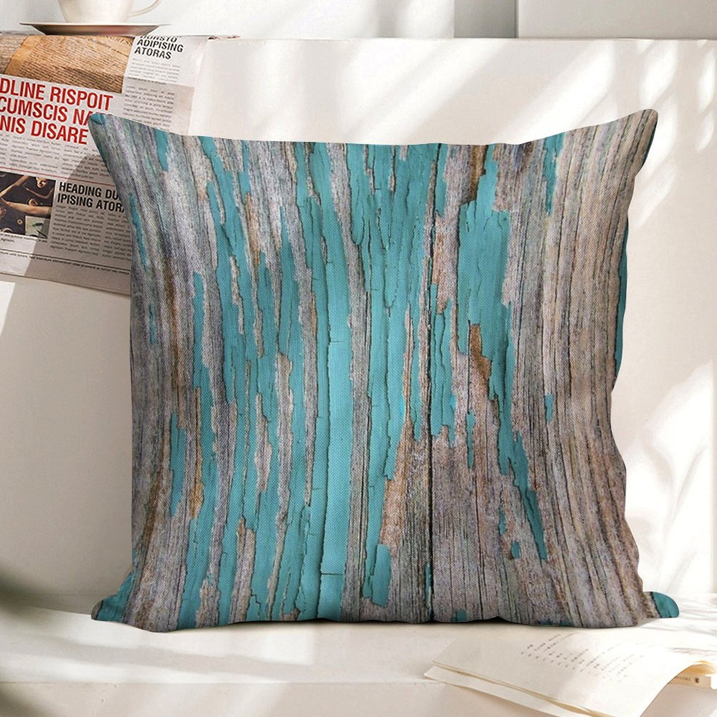 Shabby Rustic Weathered Wood Turquoise Linen Throw Pillow Cover