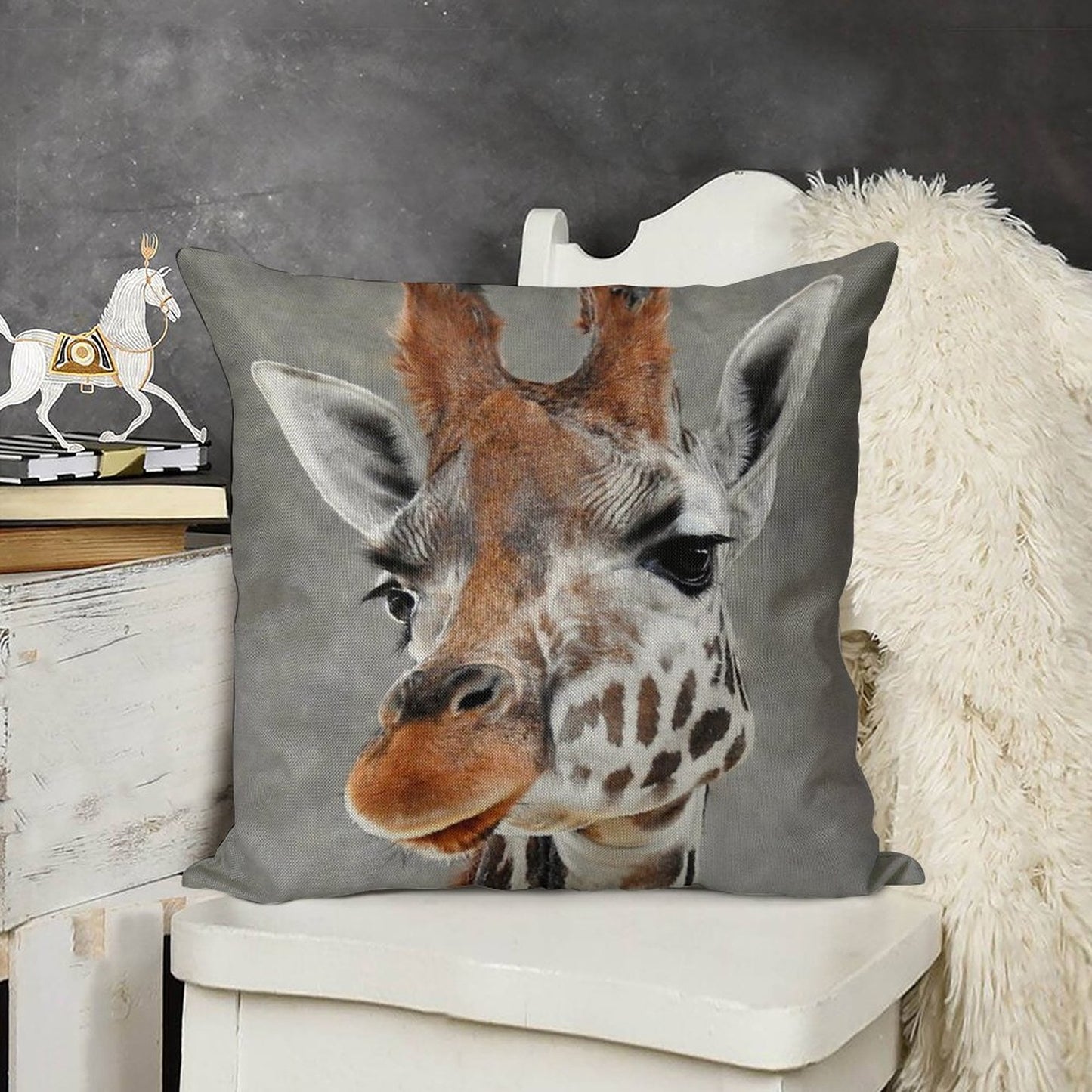 Giraffe on Grey Linen Throw Pillow Cover