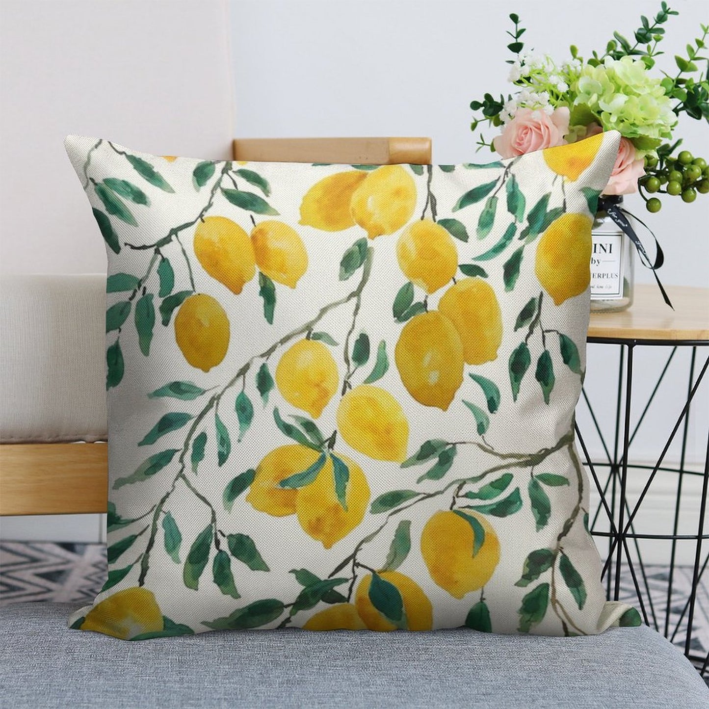 Hand Painted Watercolor Yellow Lemon Pattern Linen Throw Pillow Cover