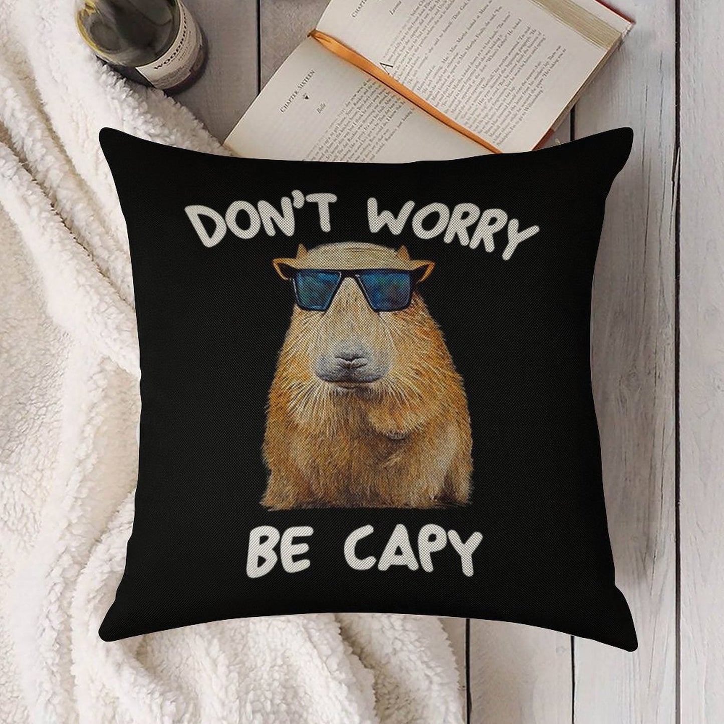 Funny Capybara Dont Worry Be Capy Funny Rodent Linen Throw Pillow Cover