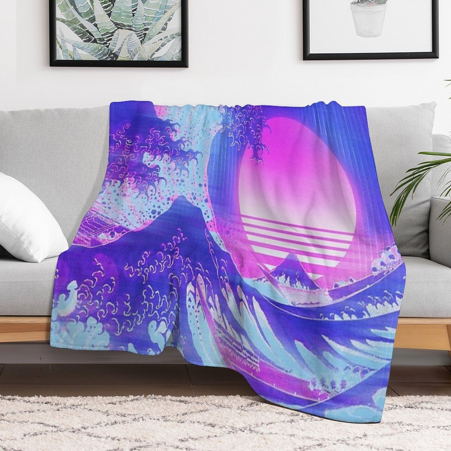 Aesthetic Great Wave Off Kanagawa Retro Vaporwave Throw Blanket