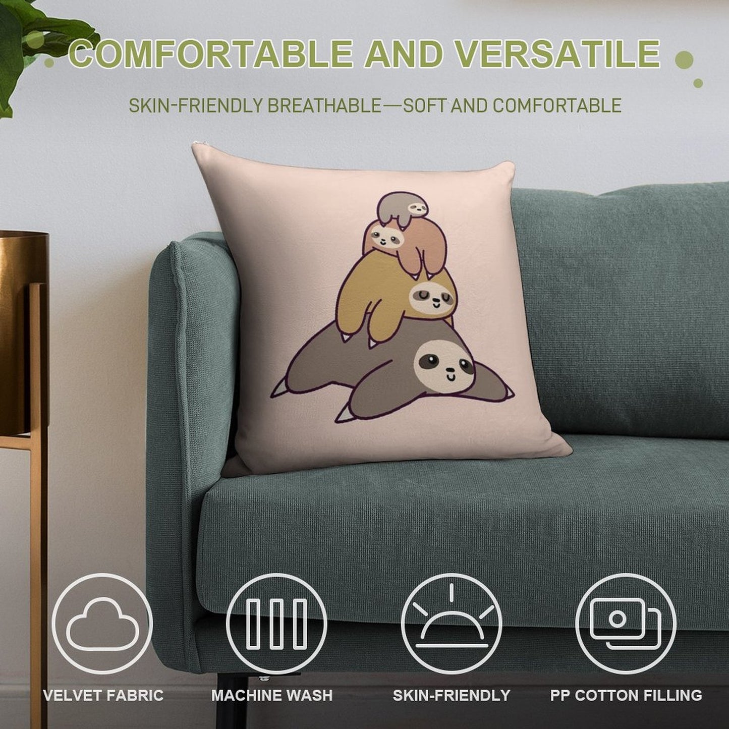 Sloth Stack Soft Short Plush Fabric Throw Pillow