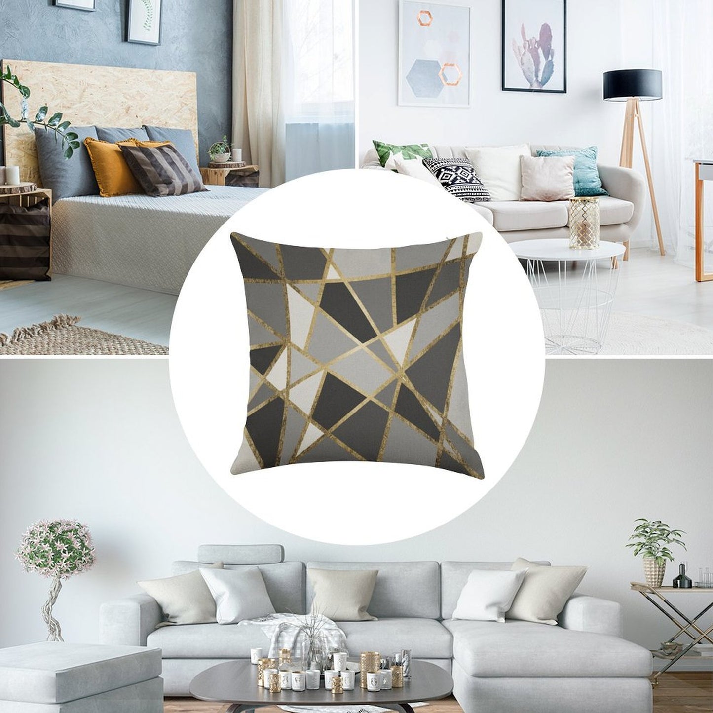 Black & Gray Modern Geo Gold Triangles Linen Throw Pillow Cover