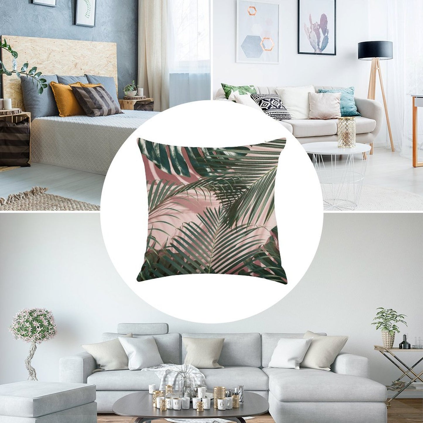 Pink Tropical Leaves Linen Throw Pillow Cover