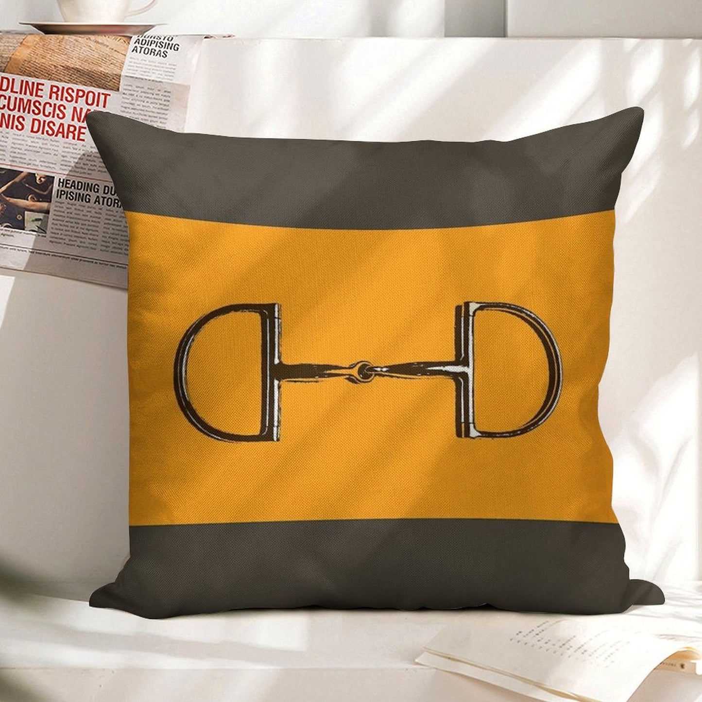 Orange Horse Bit with Taupe Background Linen Throw Pillow Cover