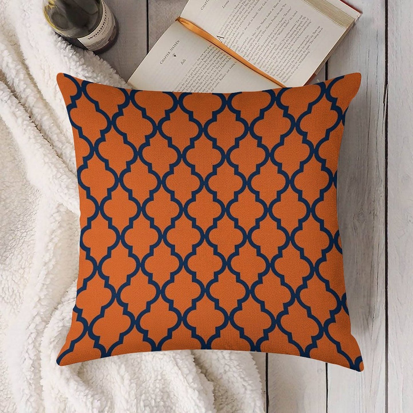 Moroccan Pattern Navy Blue & Orange Linen Throw Pillow Cover