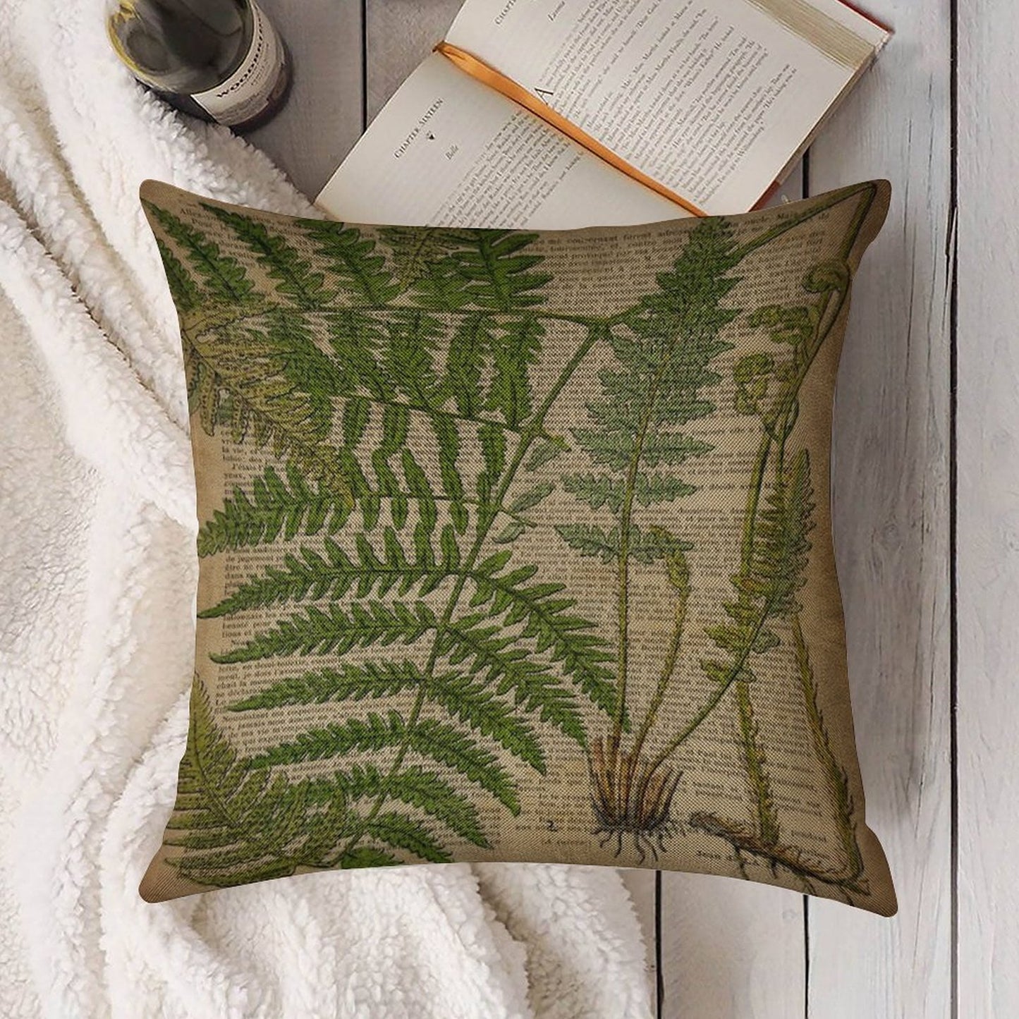 Vintage Foliage Hipster Botanical Print Fern Leaves Linen Throw Pillow Cover
