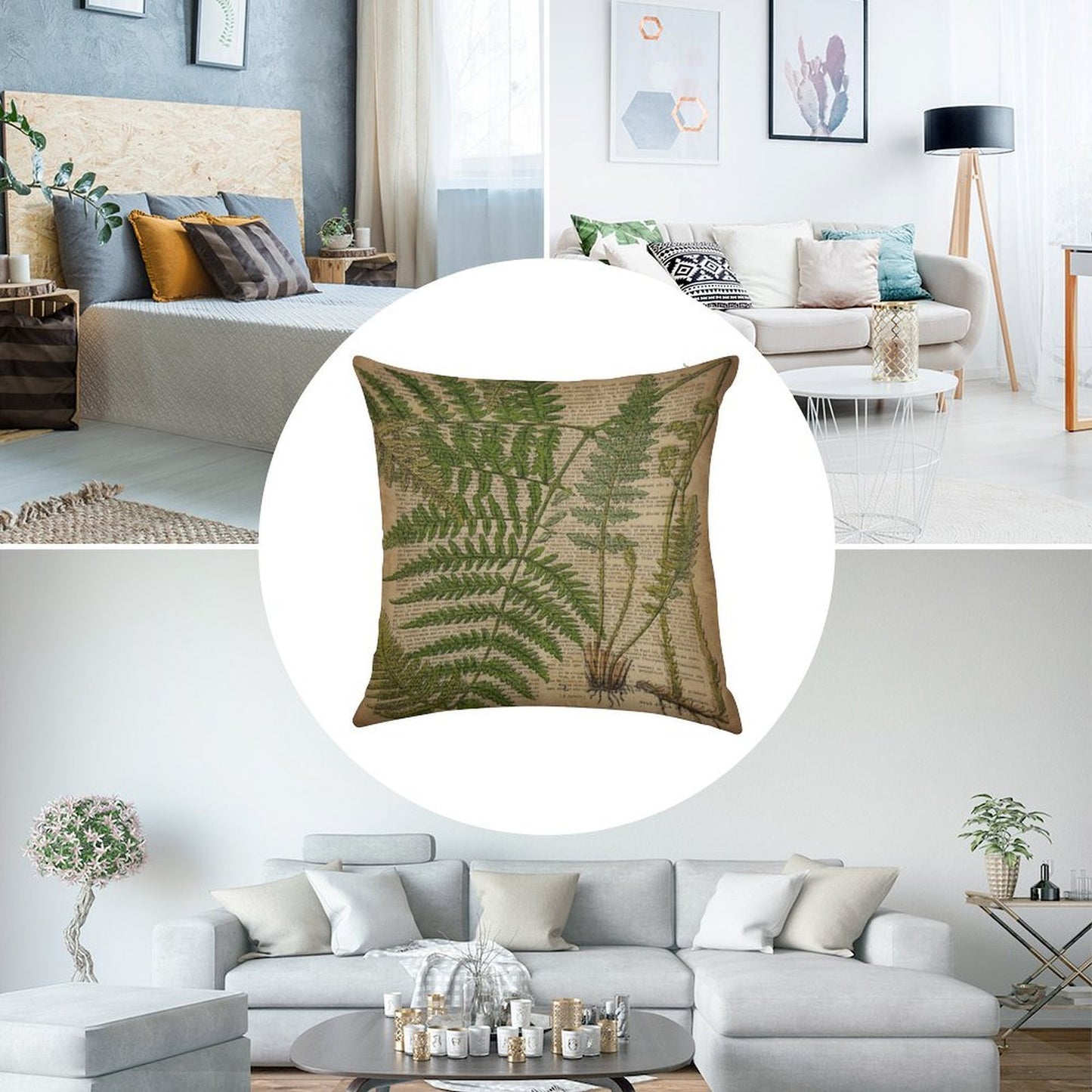 Vintage Foliage Hipster Botanical Print Fern Leaves Linen Throw Pillow Cover