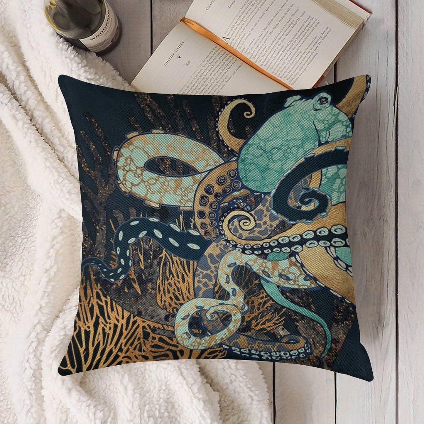 Metallic Octopus II Linen Throw Pillow Cover