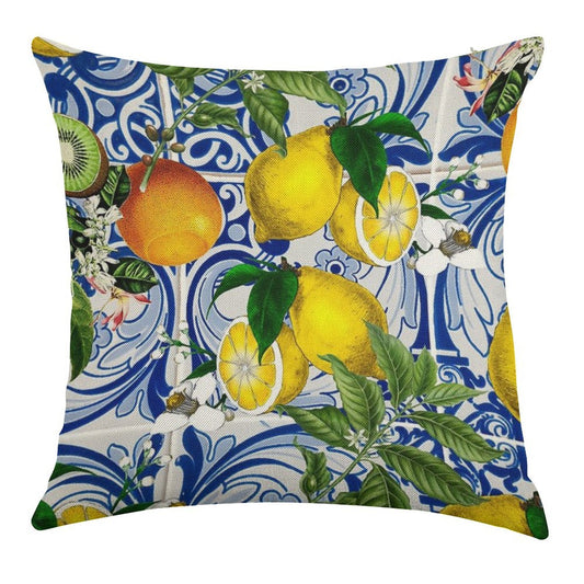 Mediterranean Lemon on Blue Ceramic Tiles Linen Throw Pillow Cover