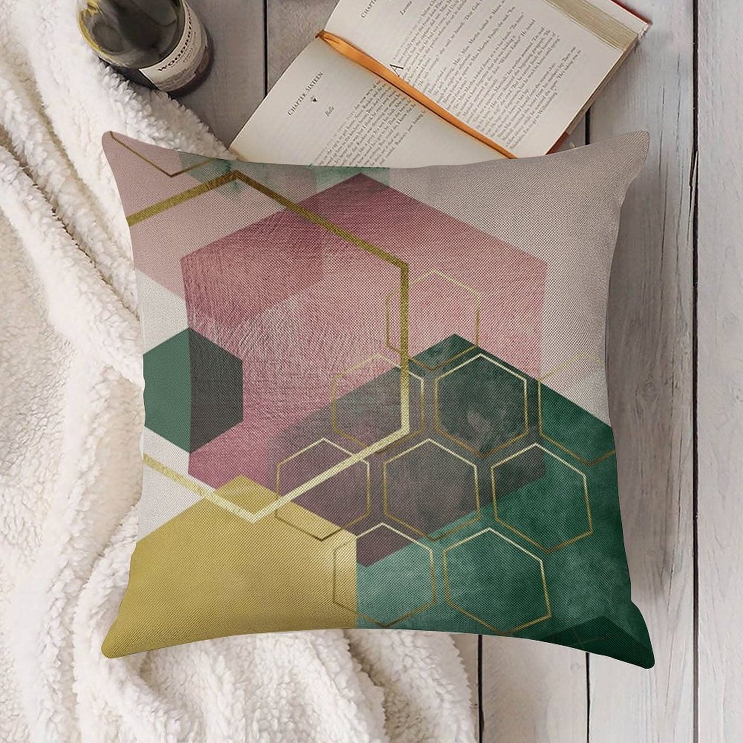 Emerald Green And Pink Geo No 3 Linen Throw Pillow Cover