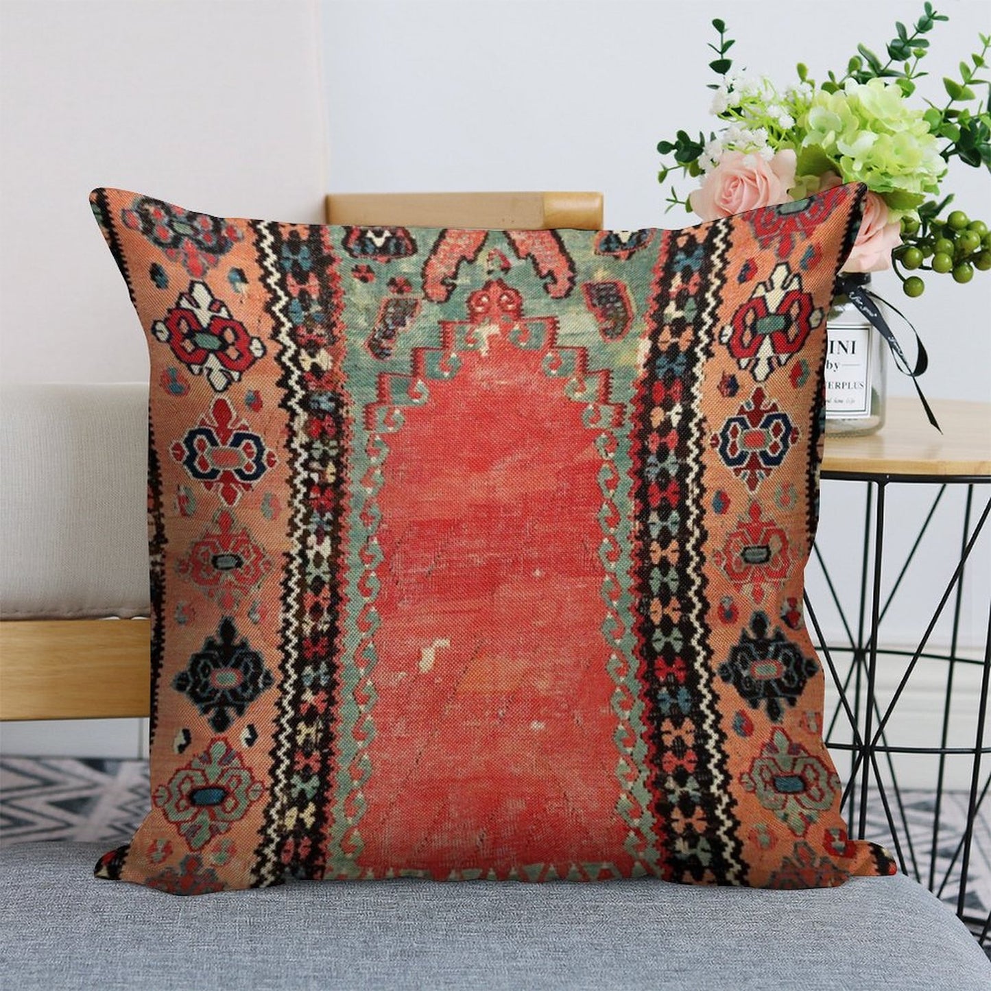 Sivas  Antique Cappadocian Turkish Niche Kilim Print Linen Throw Pillow Cover