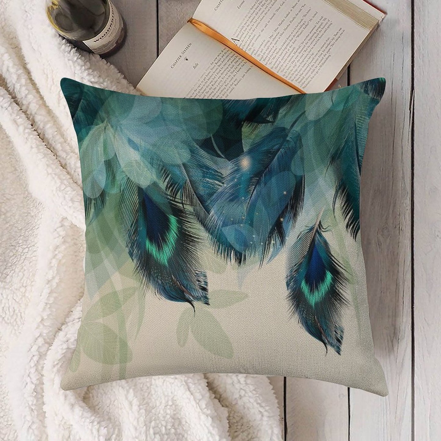 Peacock Feathers Turquoise Linen Throw Pillow Cover