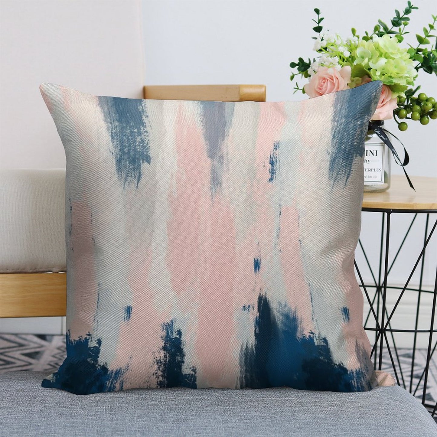 Abstract Blush And Blue Linen Throw Pillow Cover